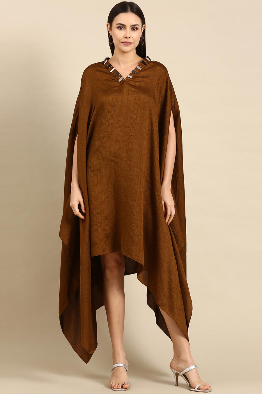 Brown Slub Silk Kaftan Short Dress