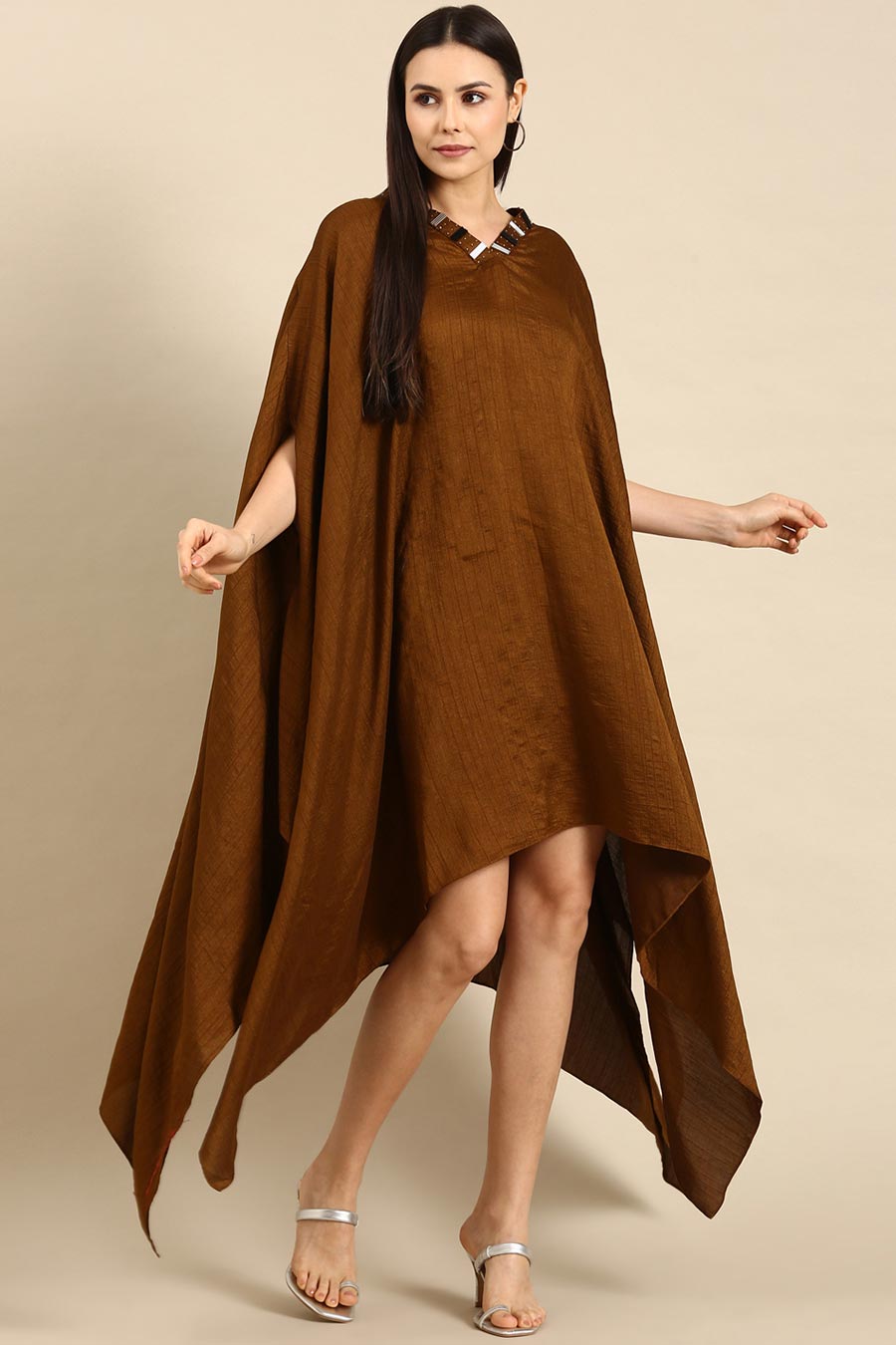 Brown Slub Silk Kaftan Short Dress