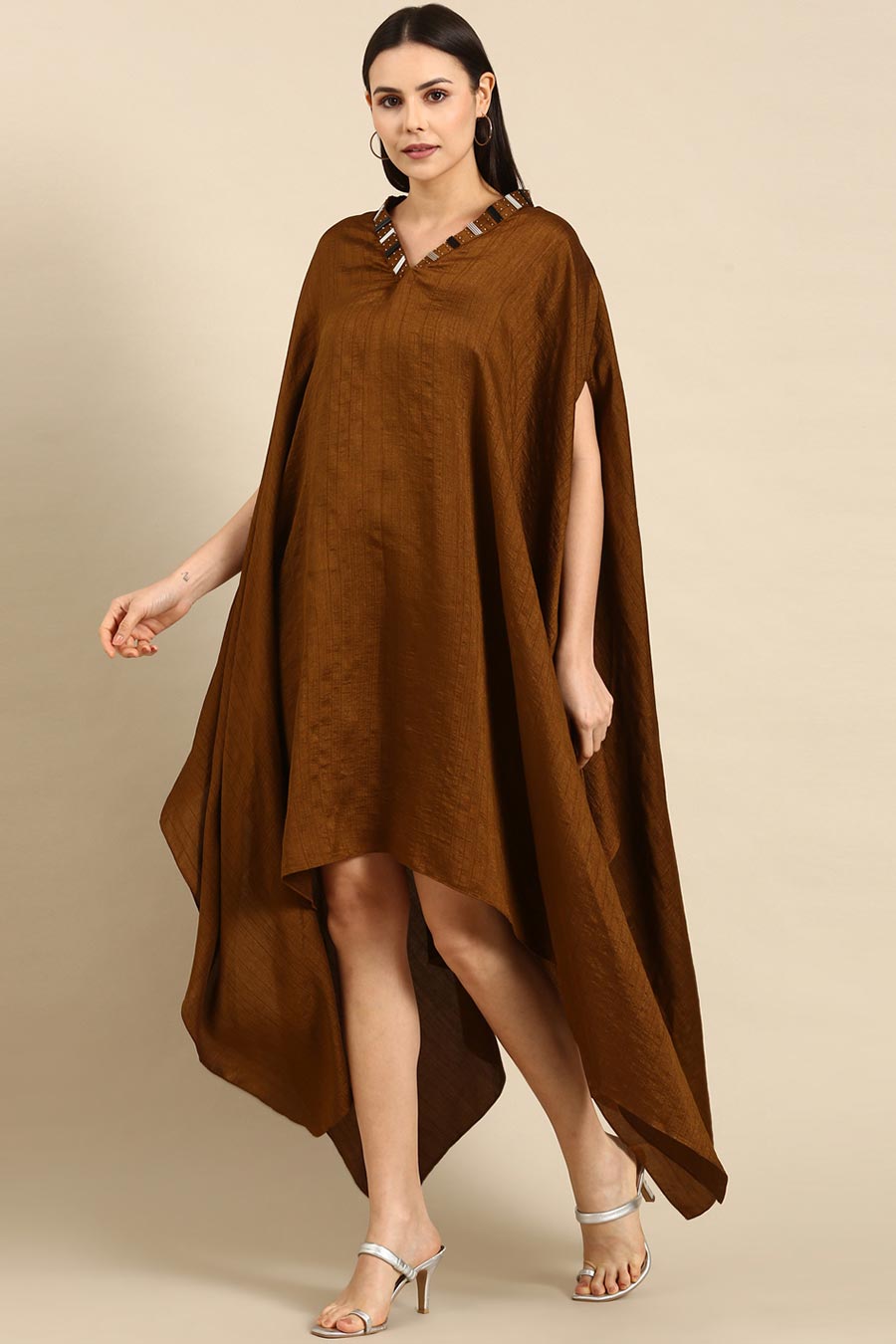 Brown Slub Silk Kaftan Short Dress
