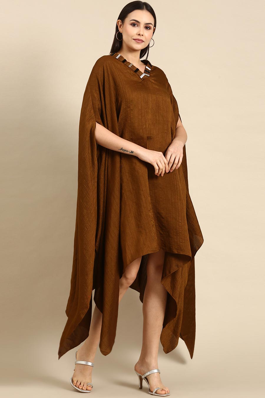 Brown Slub Silk Kaftan Short Dress