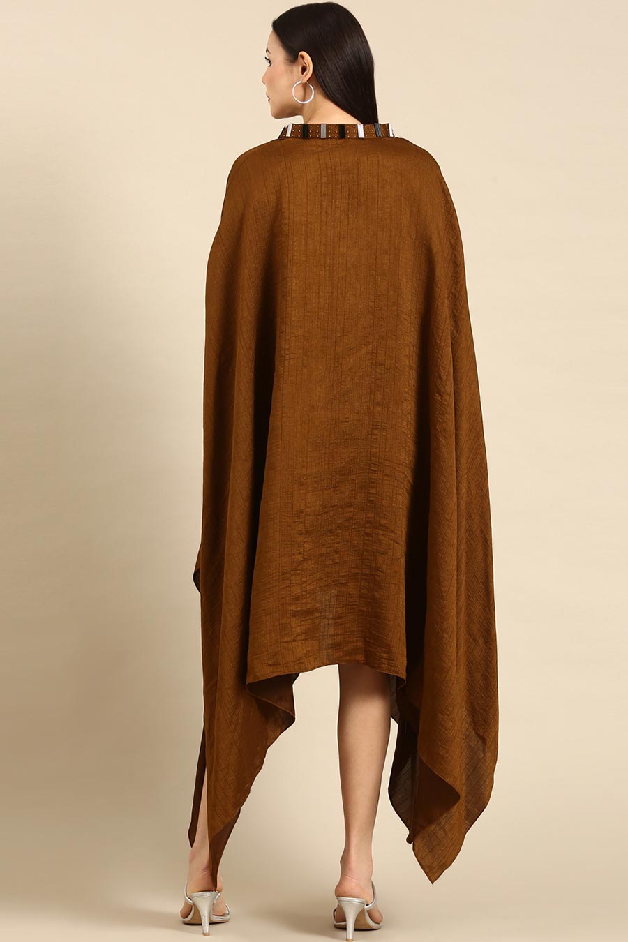 Brown Slub Silk Kaftan Short Dress