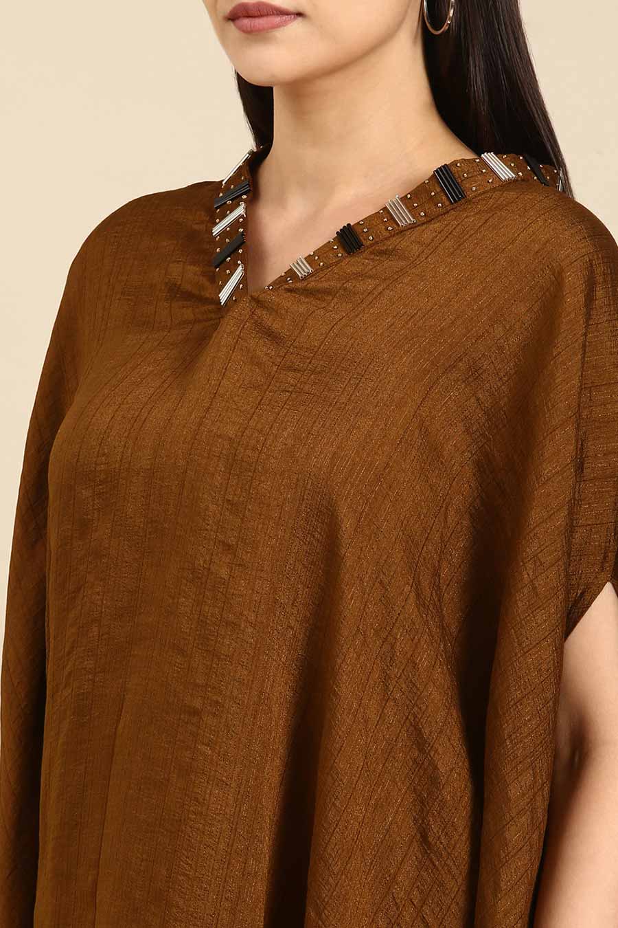 Brown Slub Silk Kaftan Short Dress