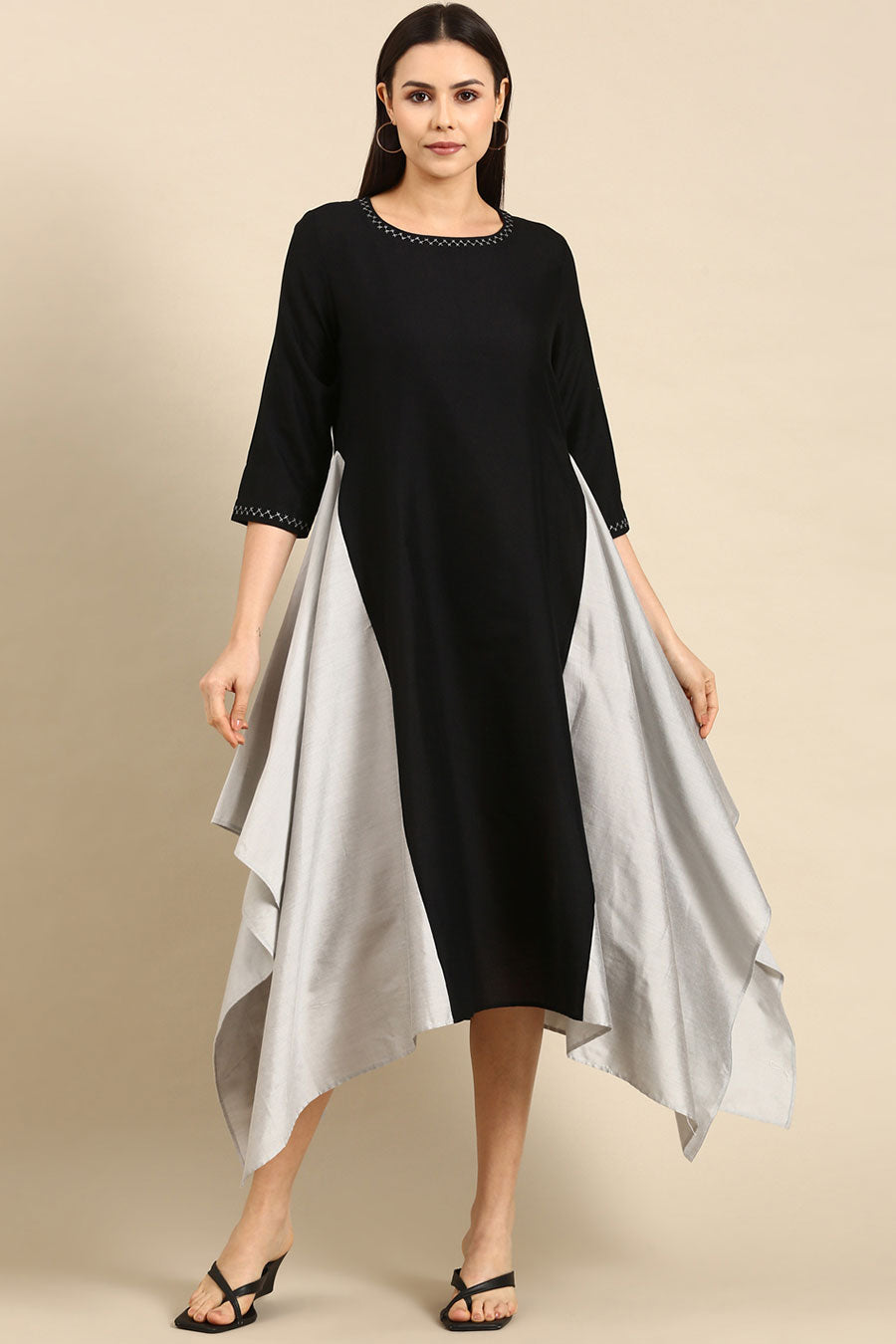 Black Cotton Silver Panel Asymmetric Dress