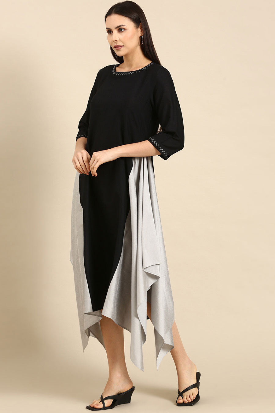 Black Cotton Silver Panel Asymmetric Dress