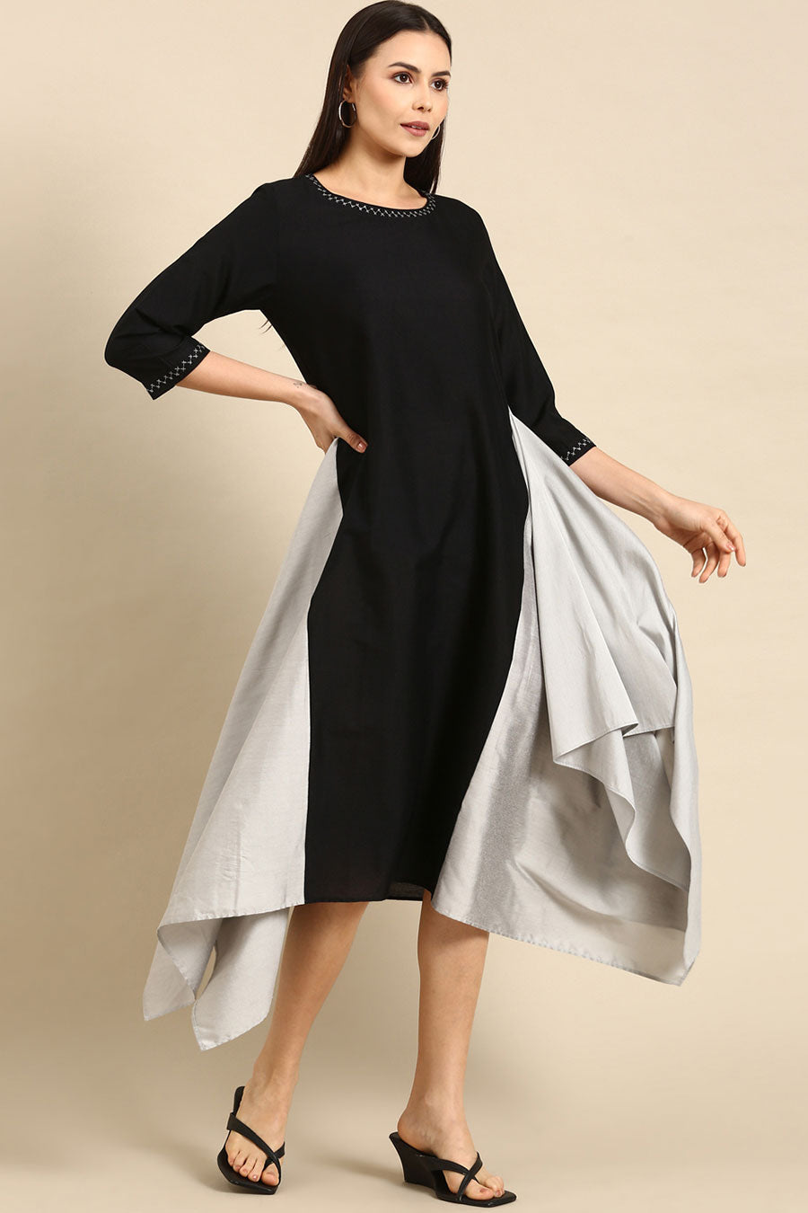 Black Cotton Silver Panel Asymmetric Dress
