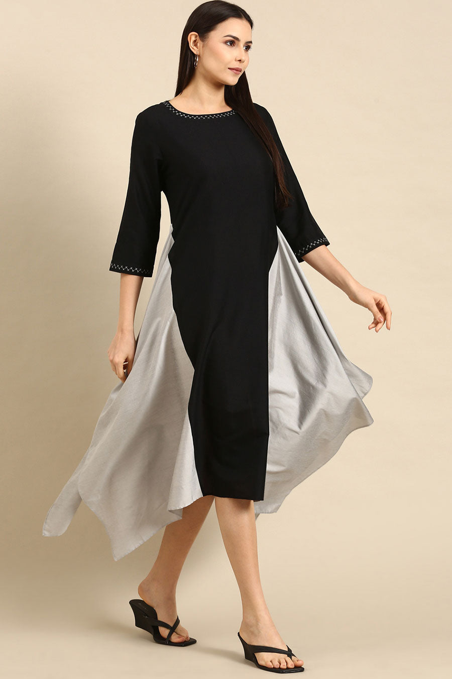 Black Cotton Silver Panel Asymmetric Dress