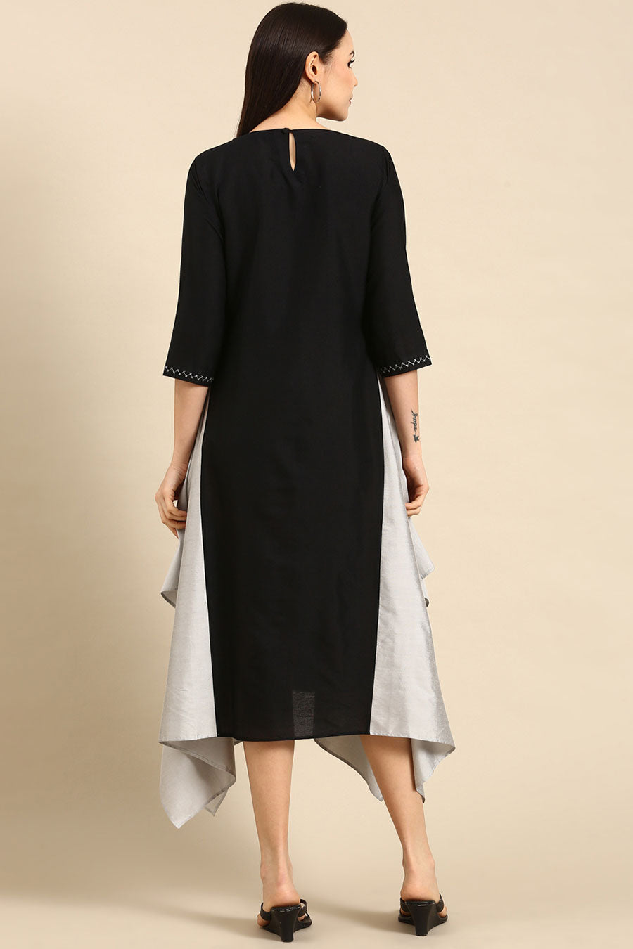 Black Cotton Silver Panel Asymmetric Dress