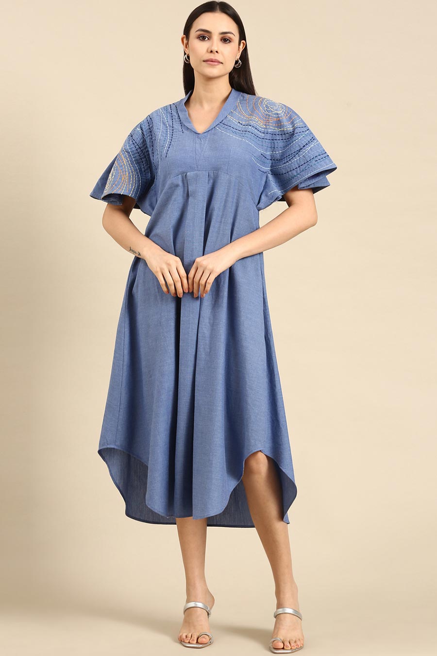 Denim Blue Cotton Embroidered Dress