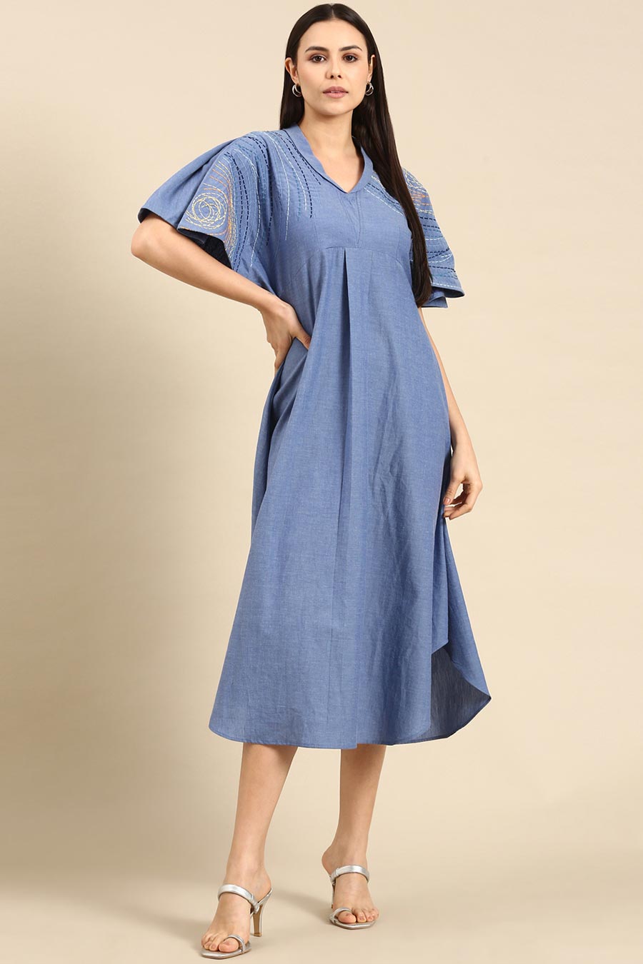 Denim Blue Cotton Embroidered Dress