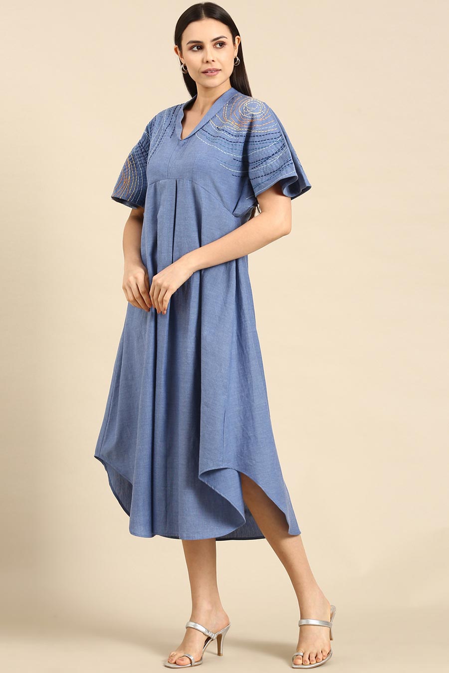 Denim Blue Cotton Embroidered Dress