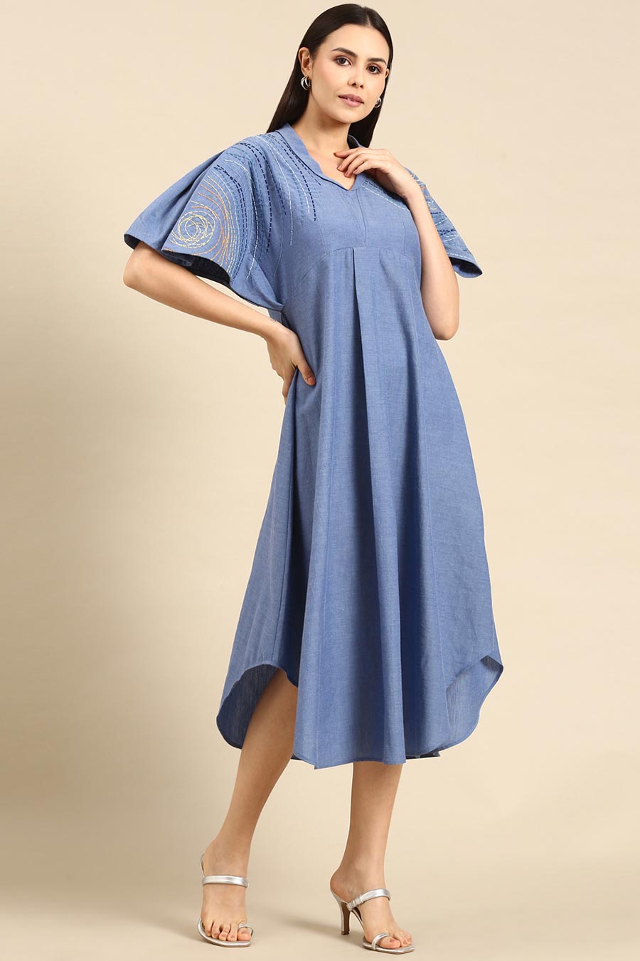 Denim Blue Cotton Embroidered Dress