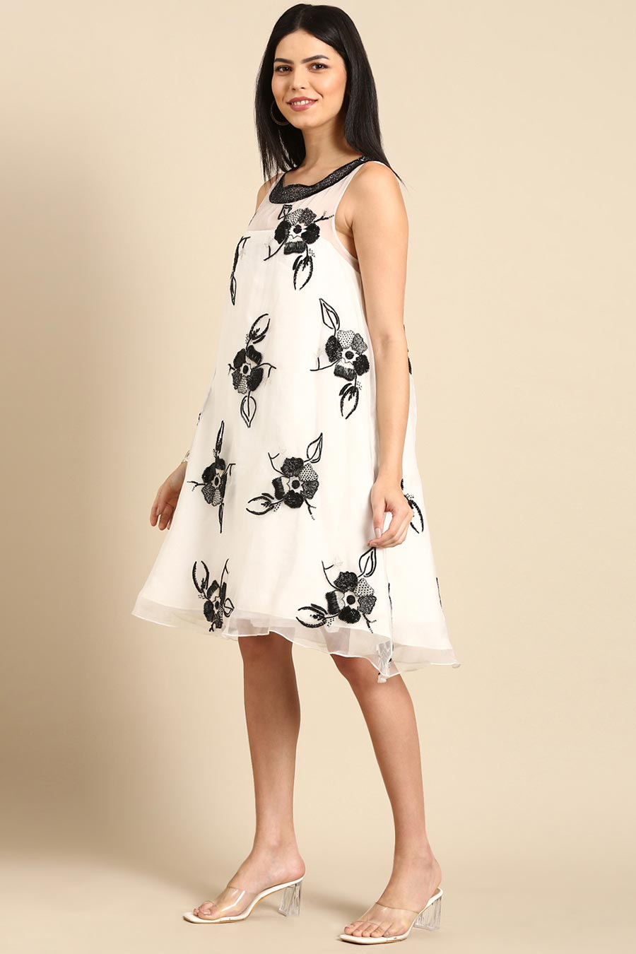White Crushed Silk Embroidered Dress