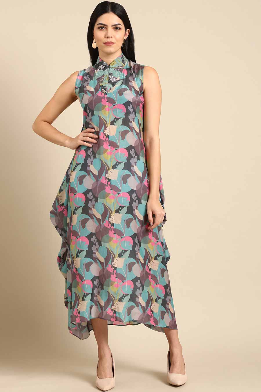 Multicolour Printed Cowl Dress