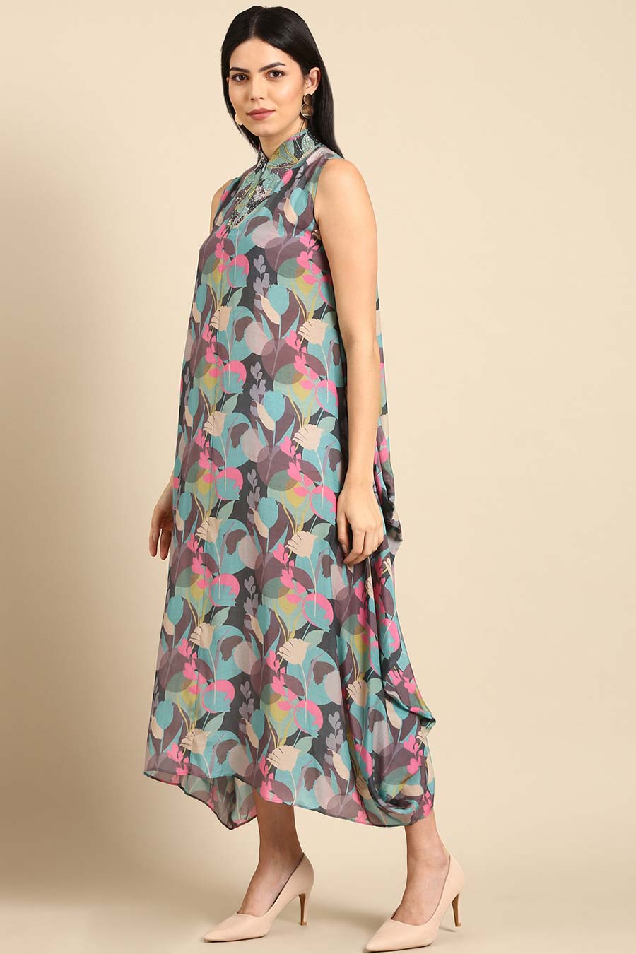 Multicolour Printed Cowl Dress