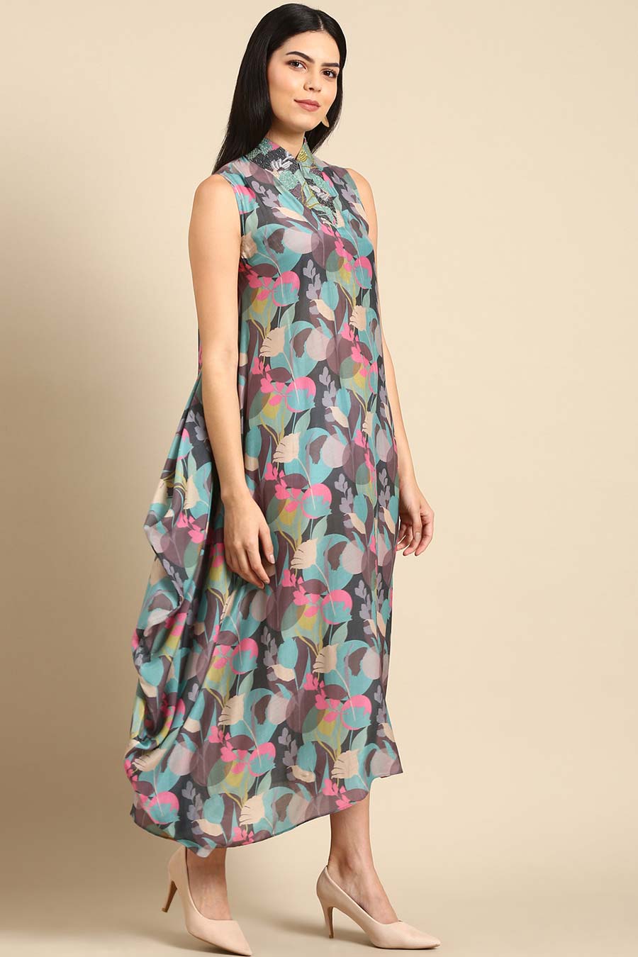 Multicolour Printed Cowl Dress