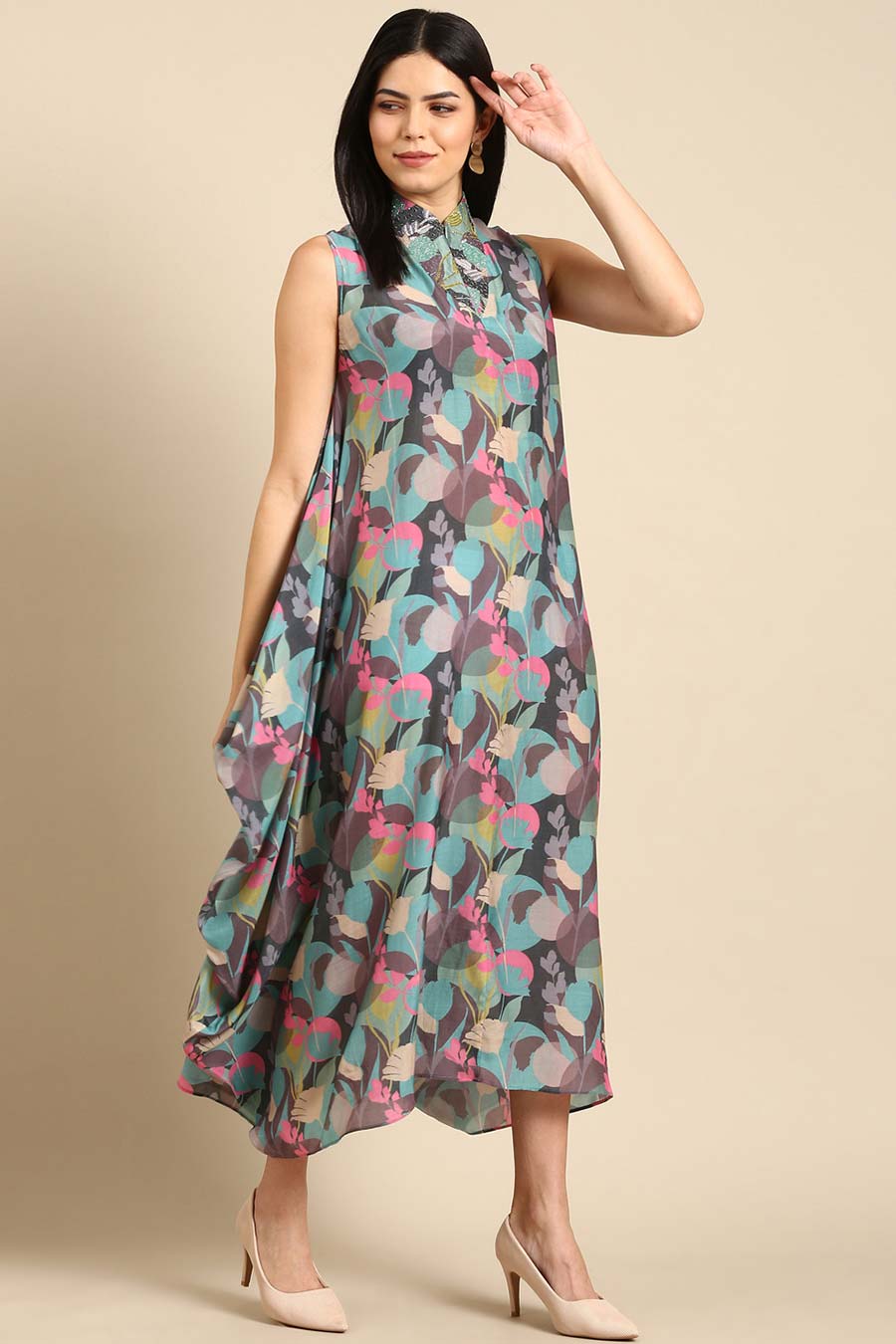 Multicolour Printed Cowl Dress