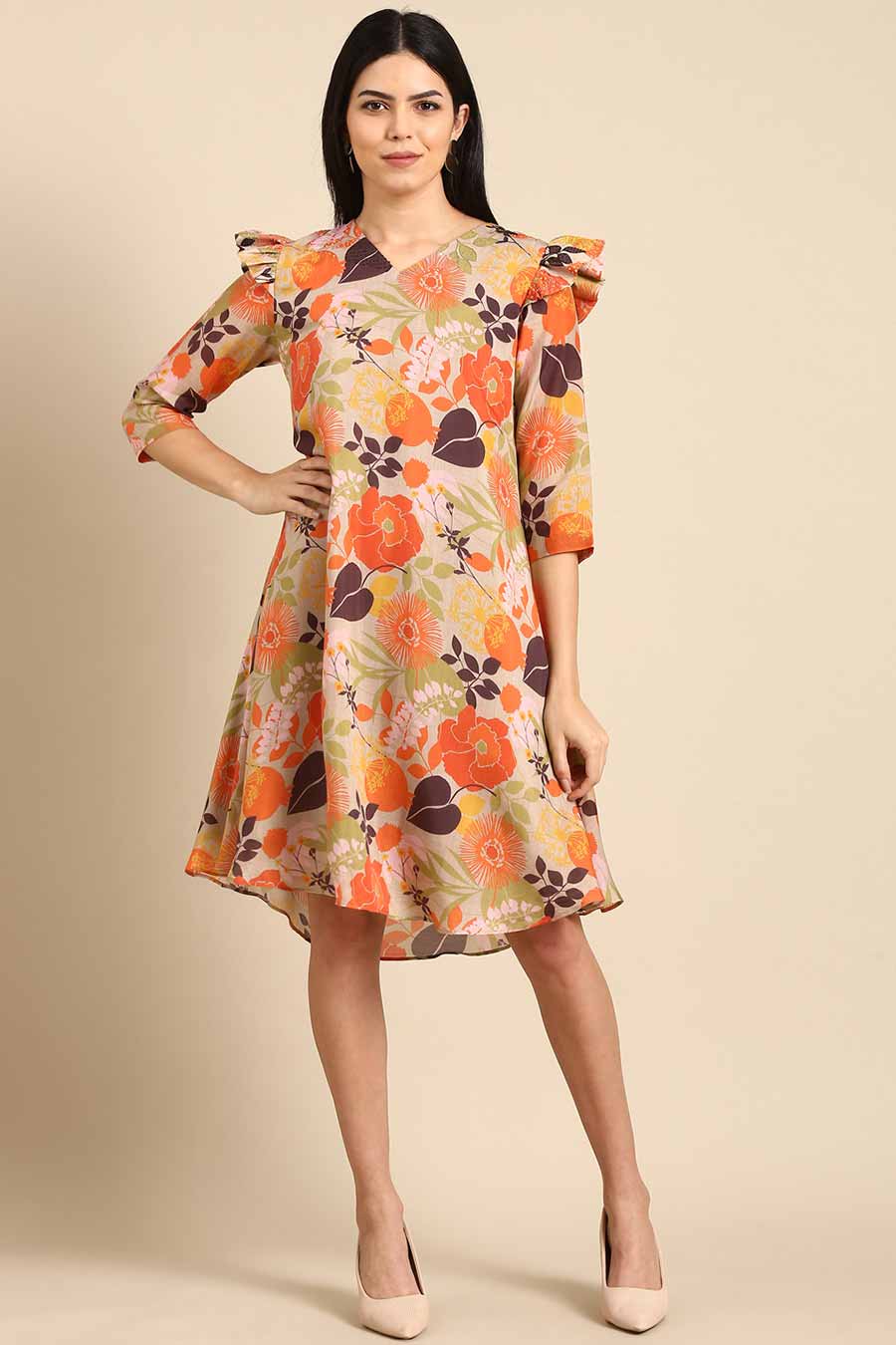 Orange & Beige Printed Dress