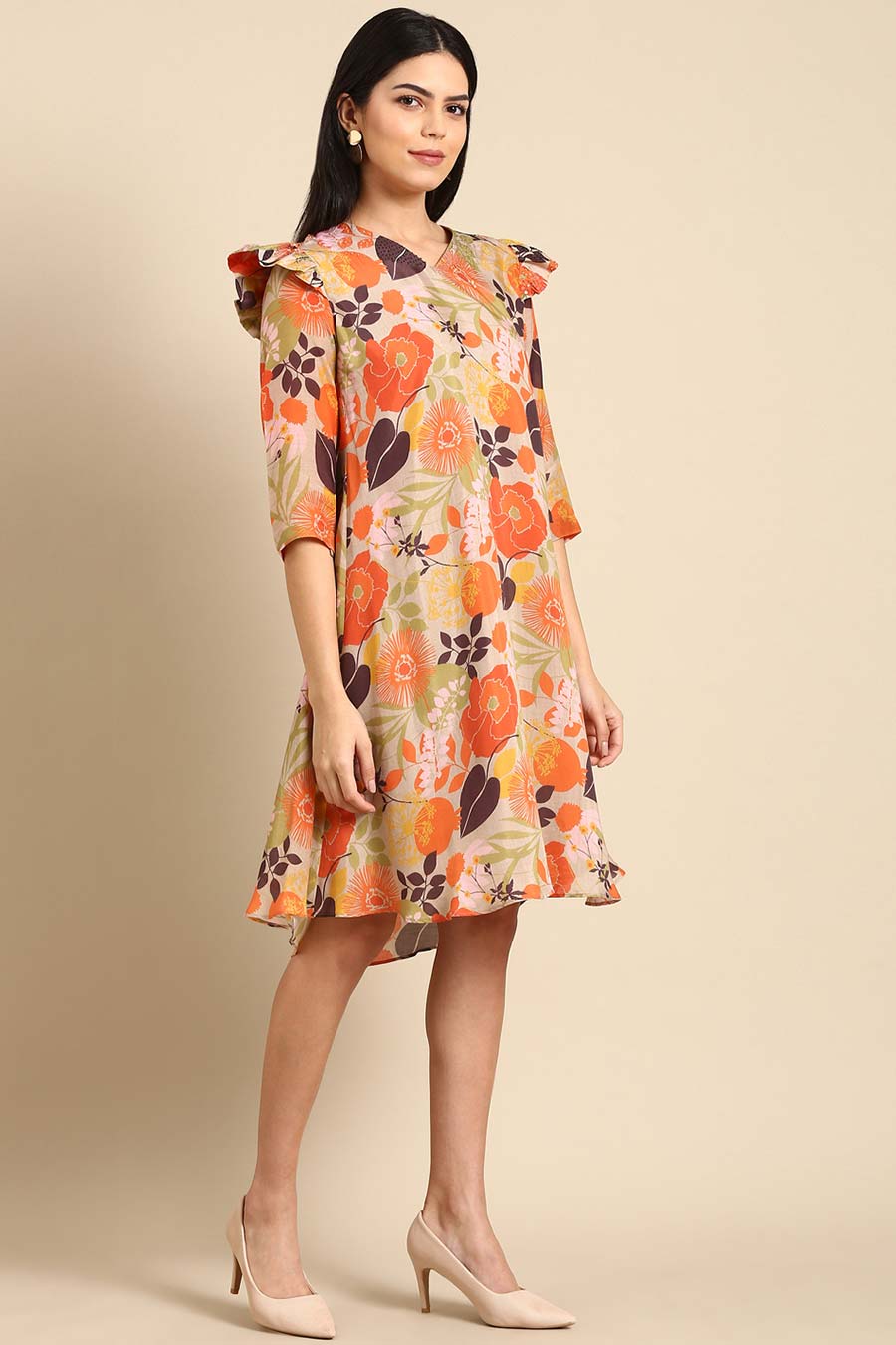 Orange & Beige Printed Dress