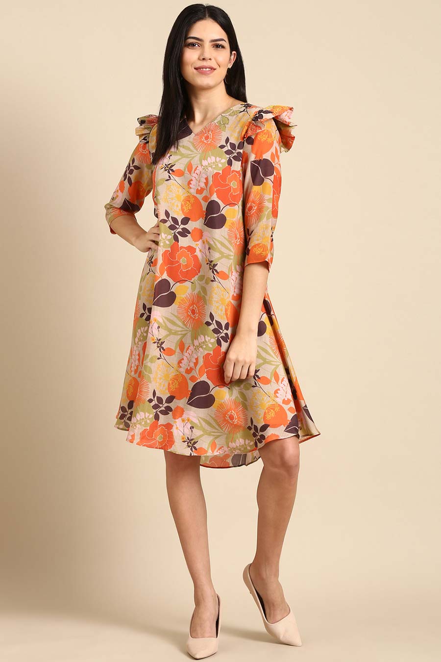 Orange & Beige Printed Dress