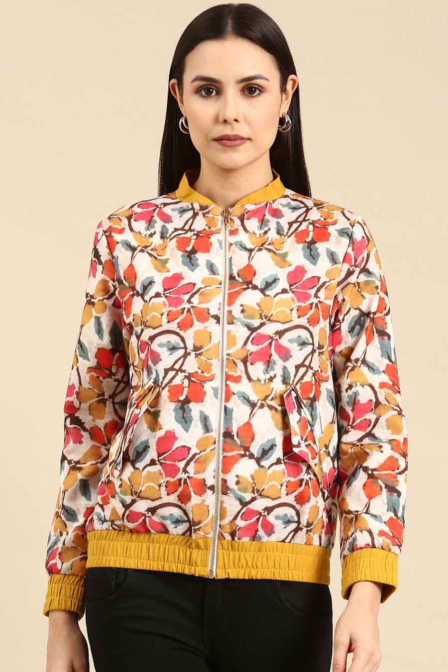 Floral Printed Linen Bomber Jacket