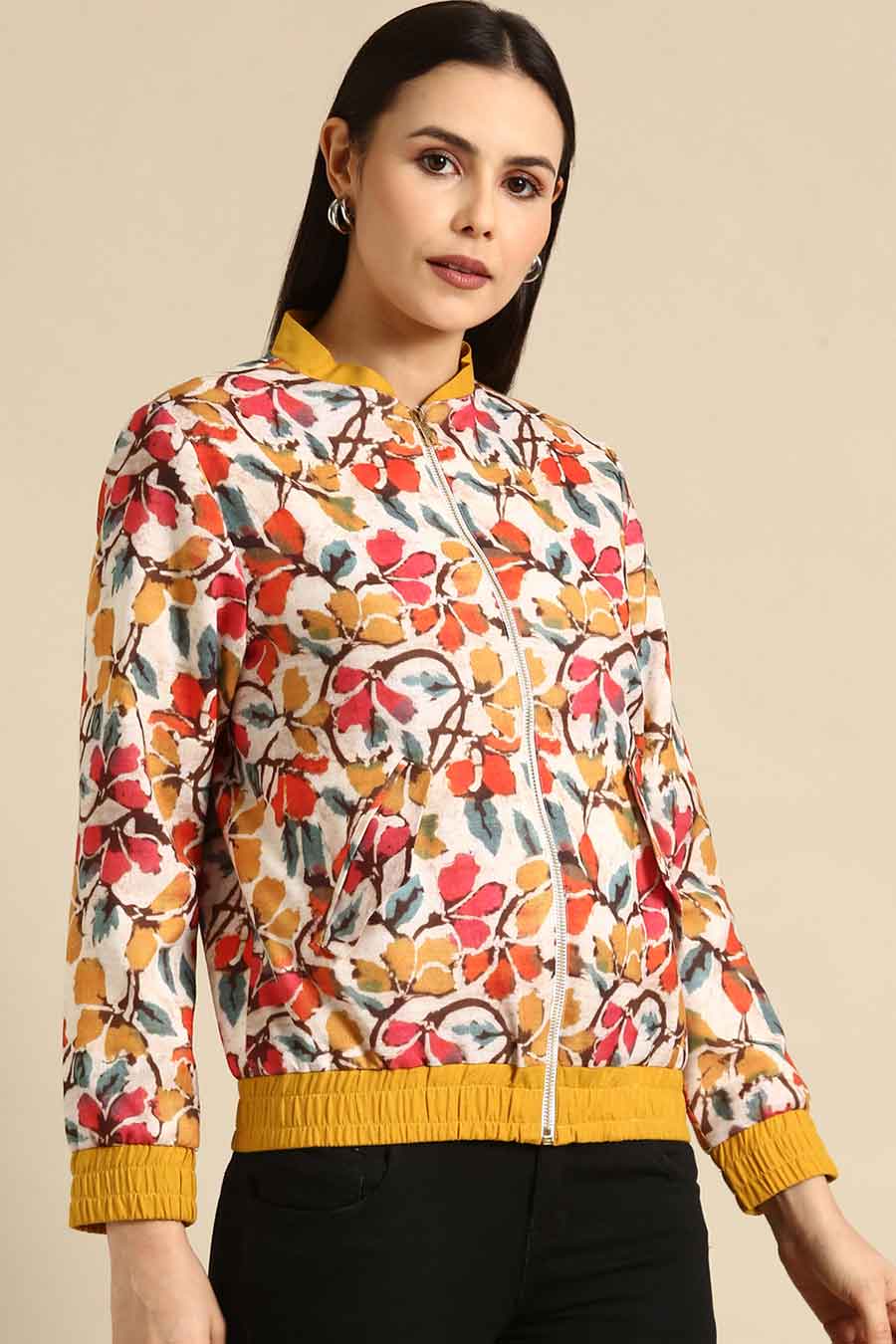 Floral Printed Linen Bomber Jacket