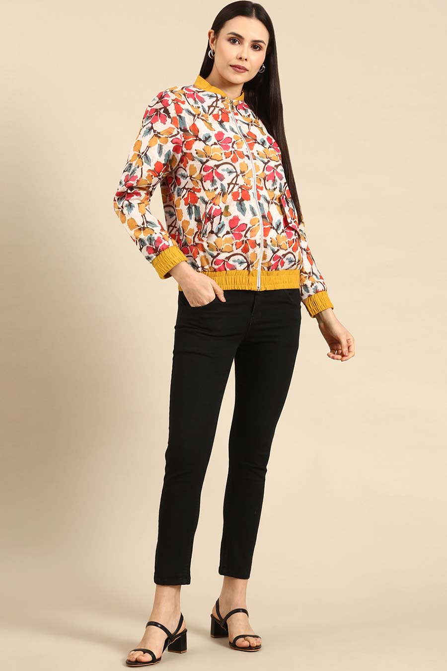 Floral Printed Linen Bomber Jacket