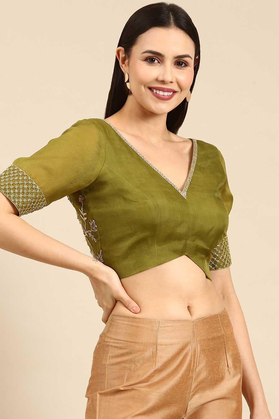 Green Embroidered Organza Blouse