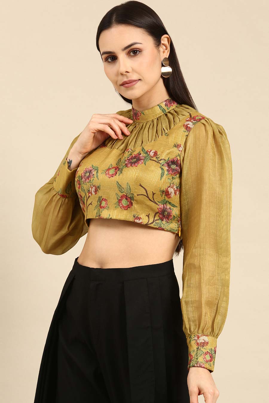 Olive Chanderi Printed Blouse