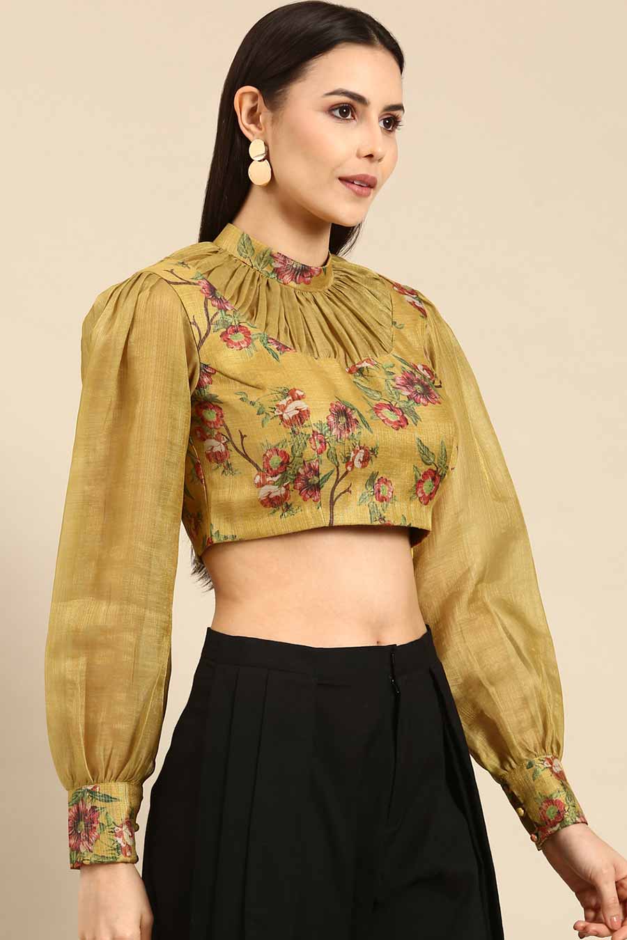 Olive Chanderi Printed Blouse