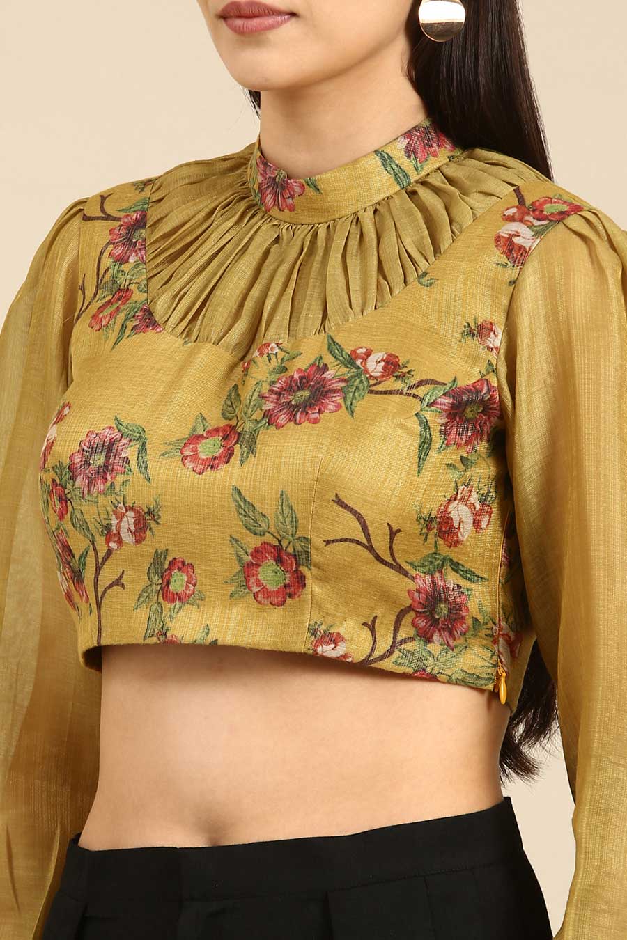 Olive Chanderi Printed Blouse