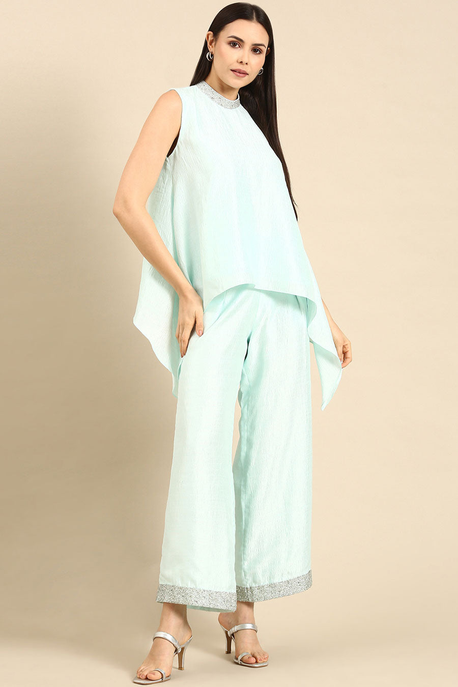 Aqua Blue Silk Asymmetric Co-Ord Set