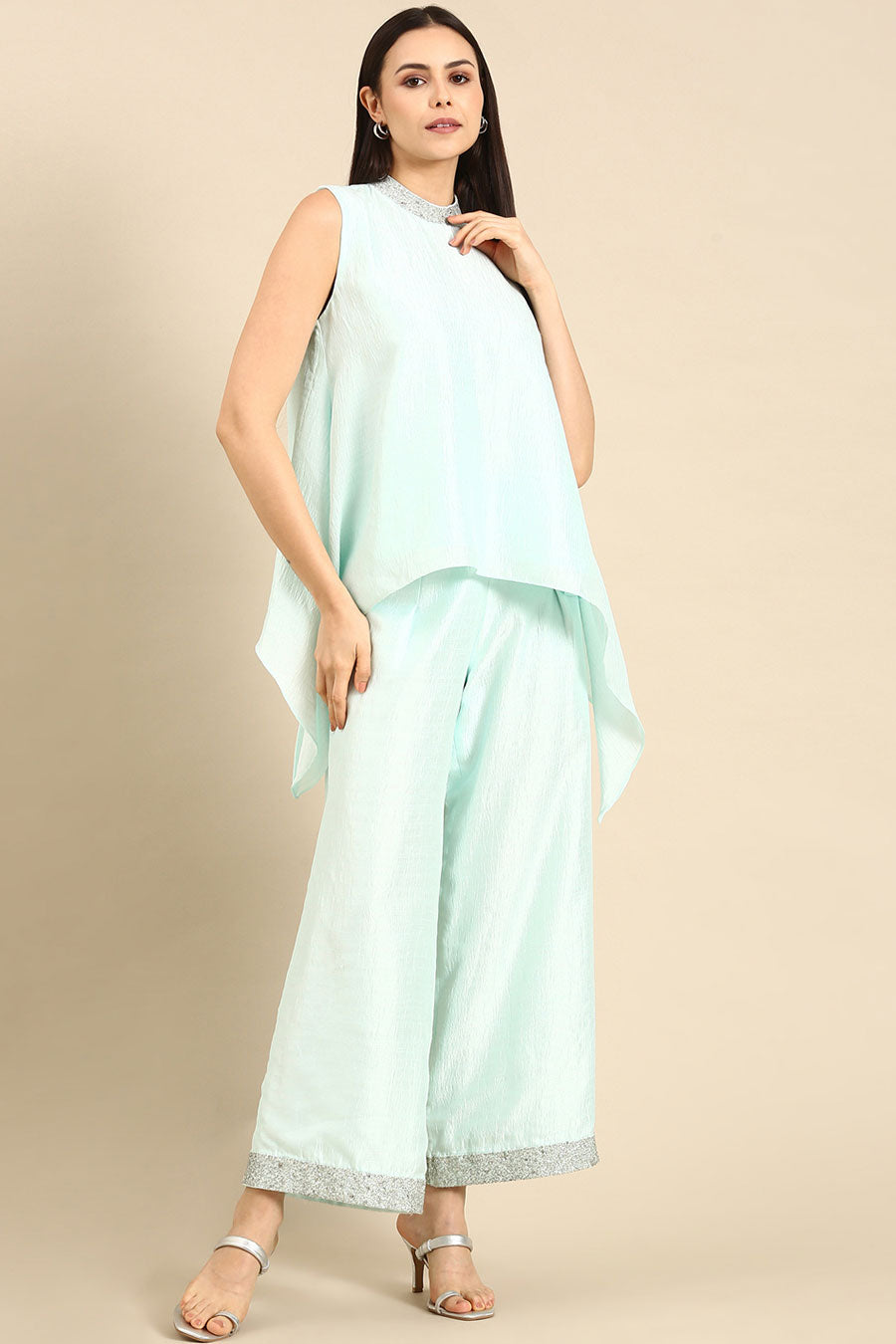 Aqua Blue Silk Asymmetric Co-Ord Set