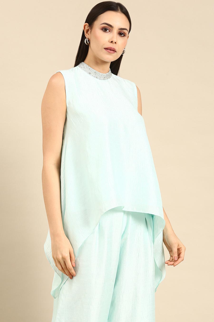 Aqua Blue Silk Asymmetric Co-Ord Set