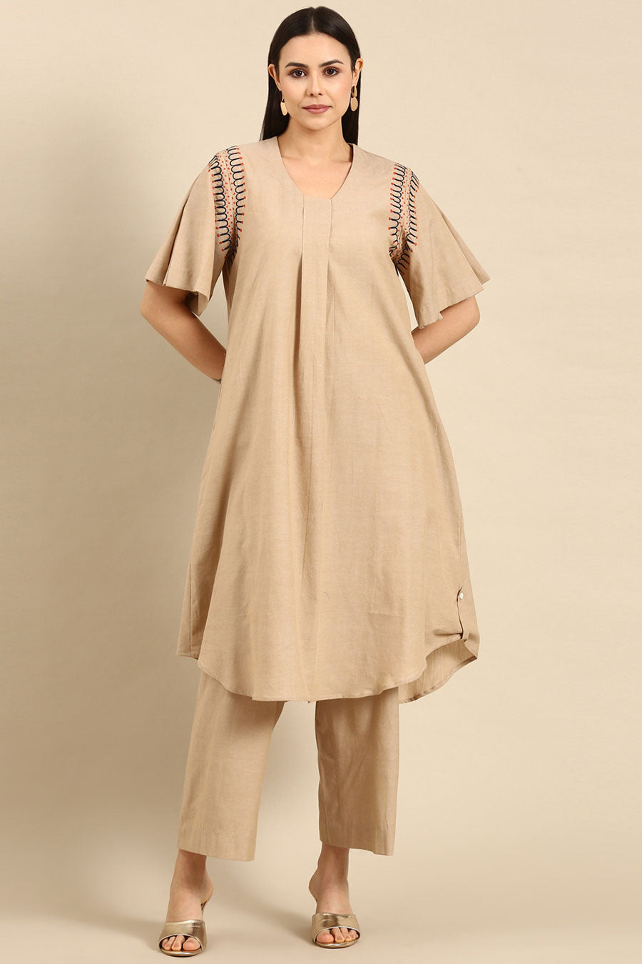 Beige Cotton Embroidered Co-Ord Set