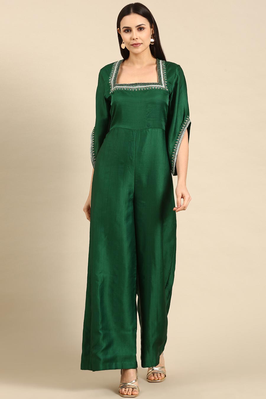 Green Silk Embroidered Jumpsuit