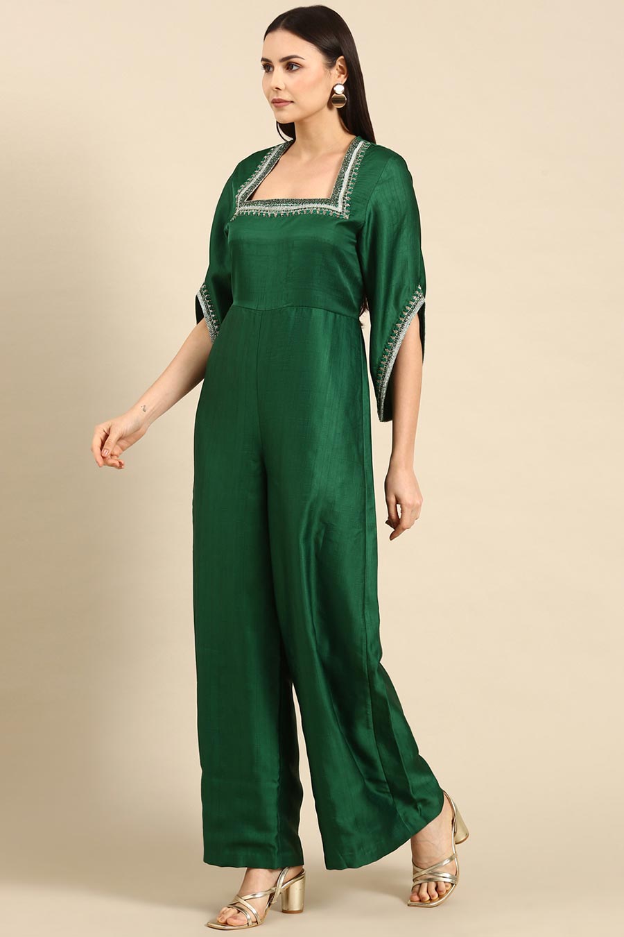 Green Silk Embroidered Jumpsuit