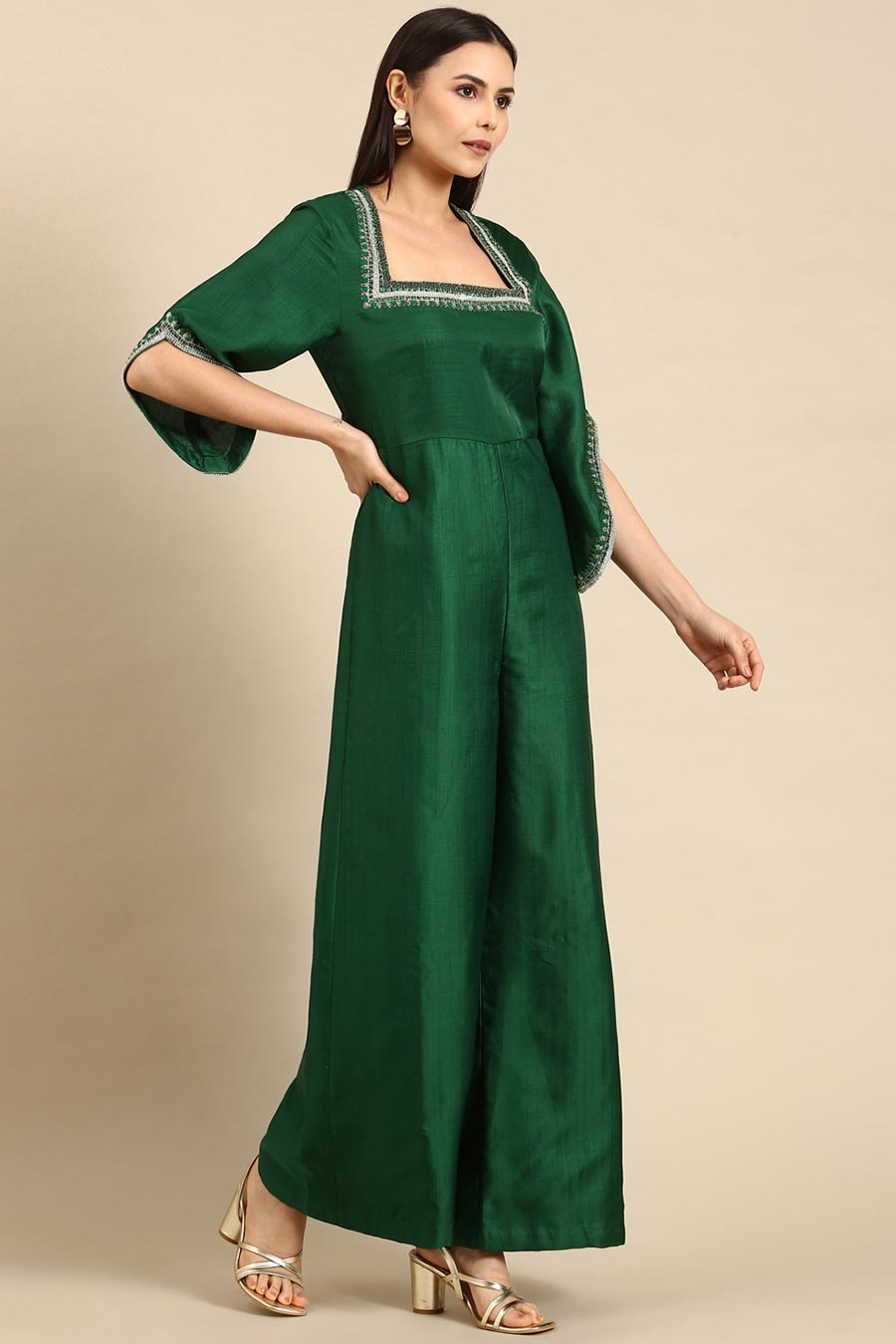Green Silk Embroidered Jumpsuit