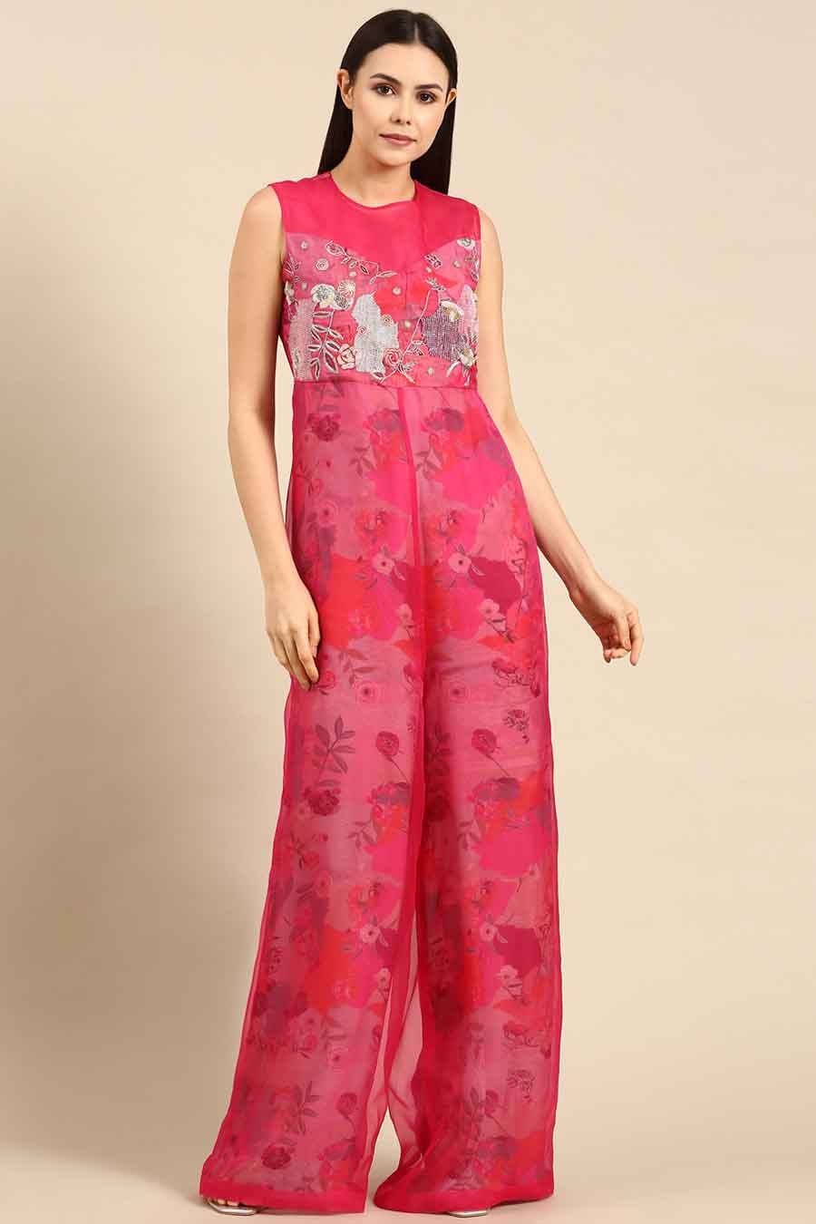 Pink Chanderi Embroidered Jumpsuit