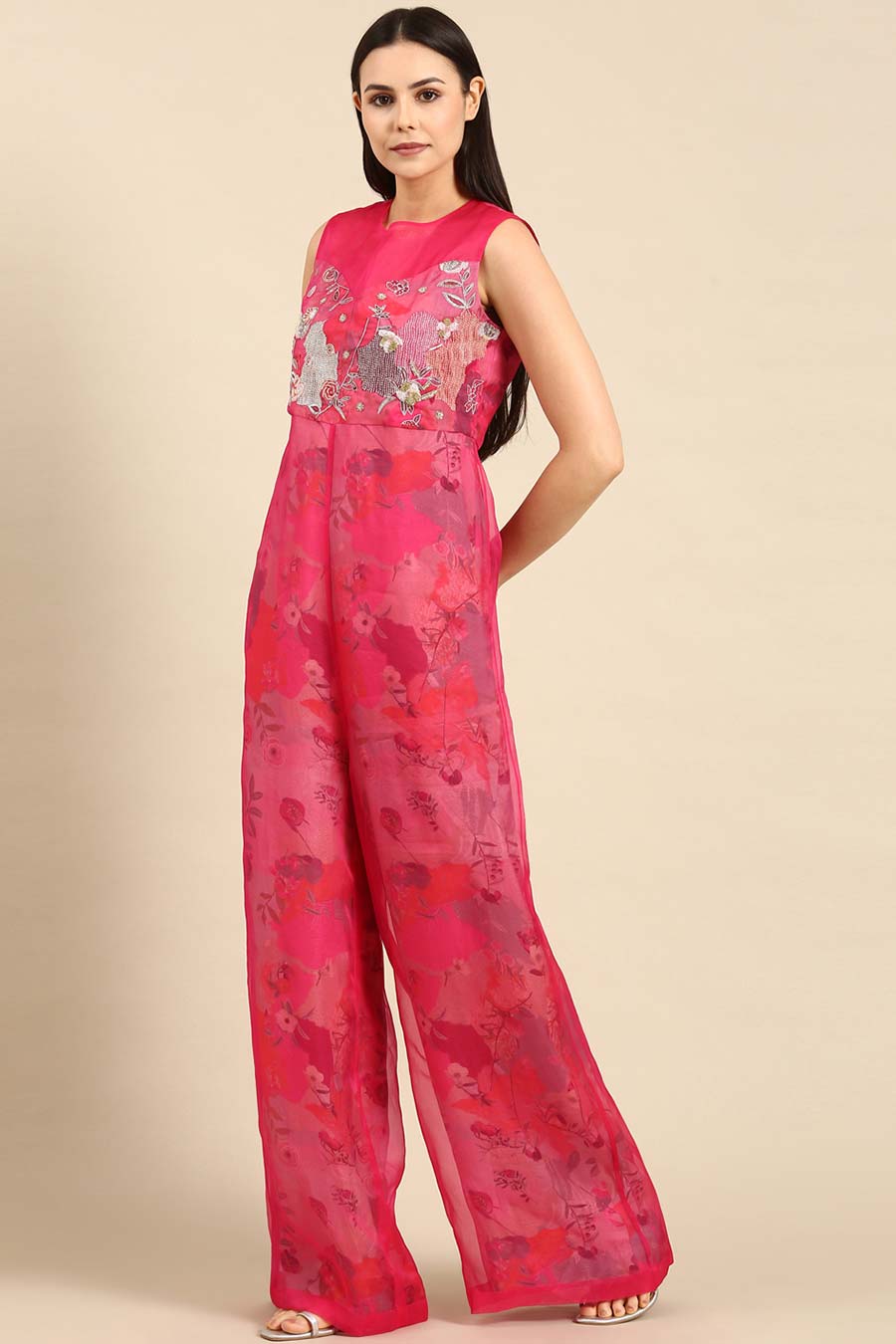 Pink Chanderi Embroidered Jumpsuit