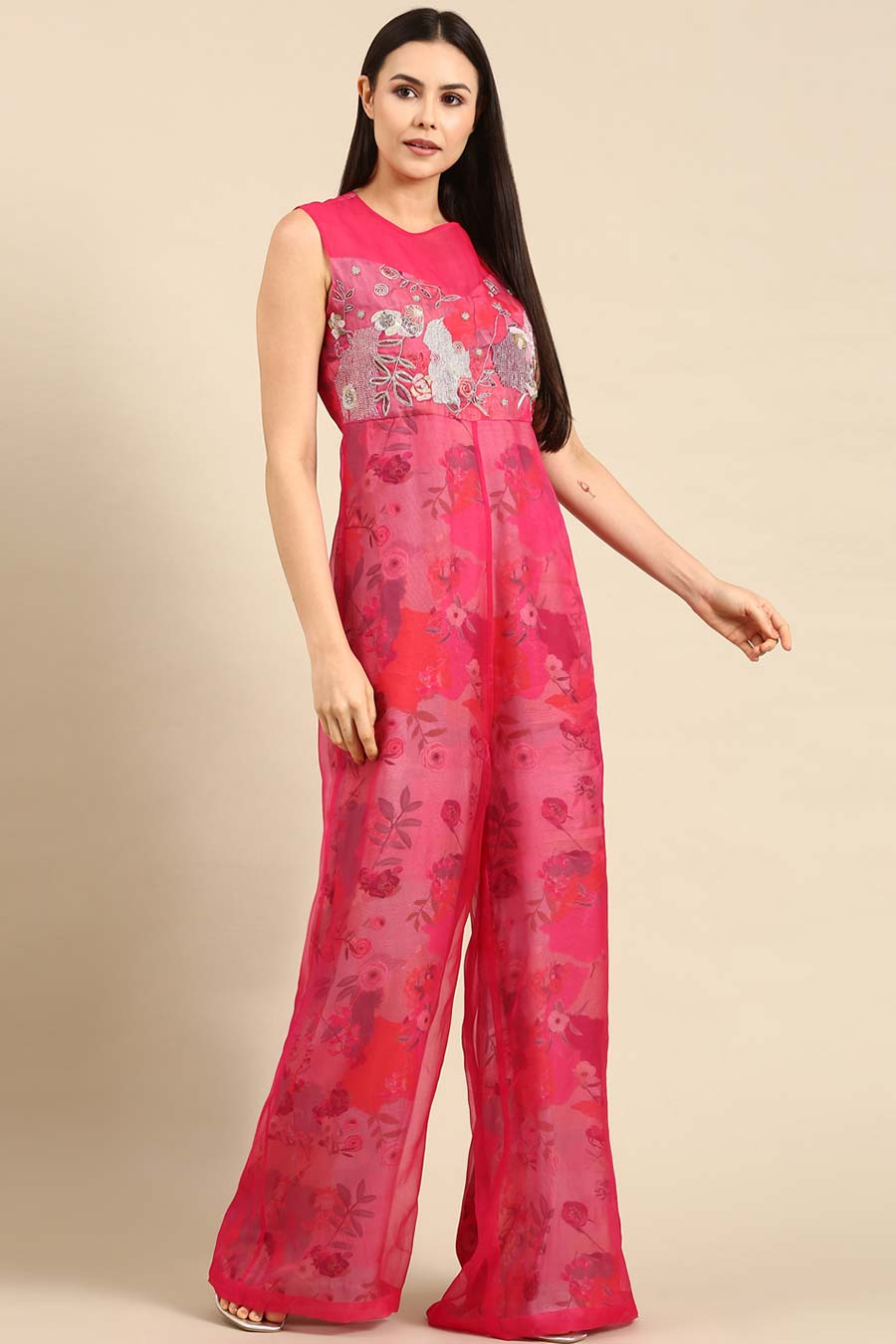 Pink Chanderi Embroidered Jumpsuit