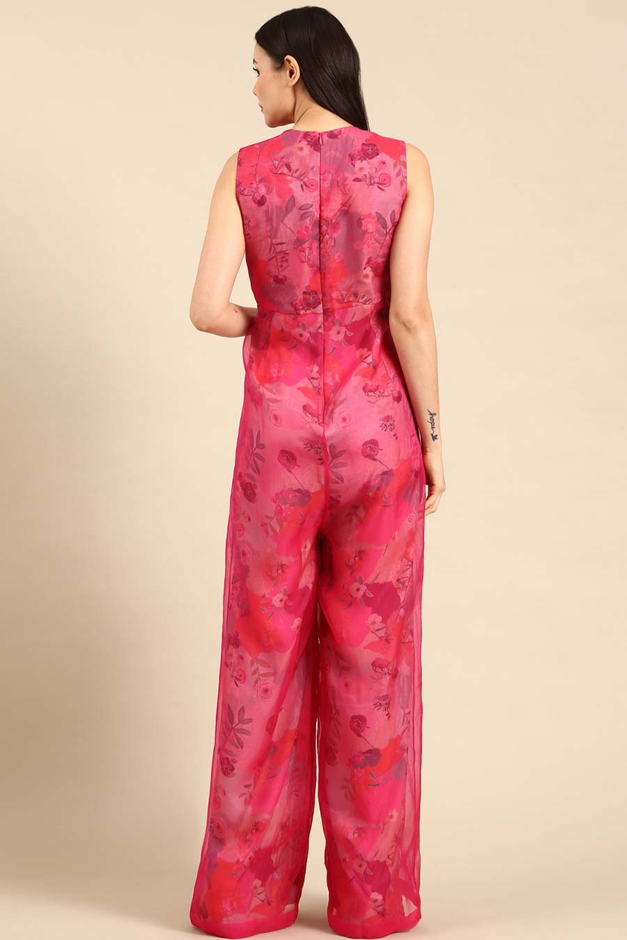 Pink Chanderi Embroidered Jumpsuit