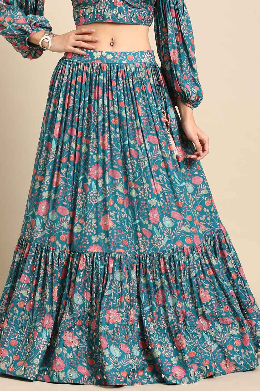 Blue & Pink Printed Lehenga