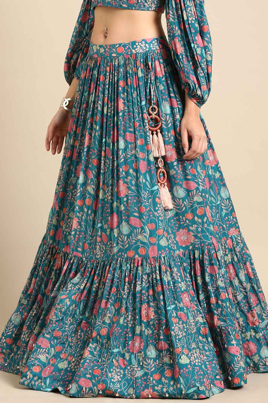 Blue & Pink Printed Lehenga