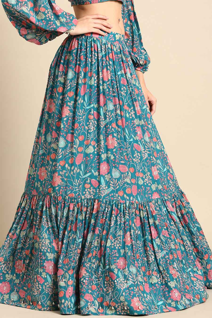 Blue & Pink Printed Lehenga