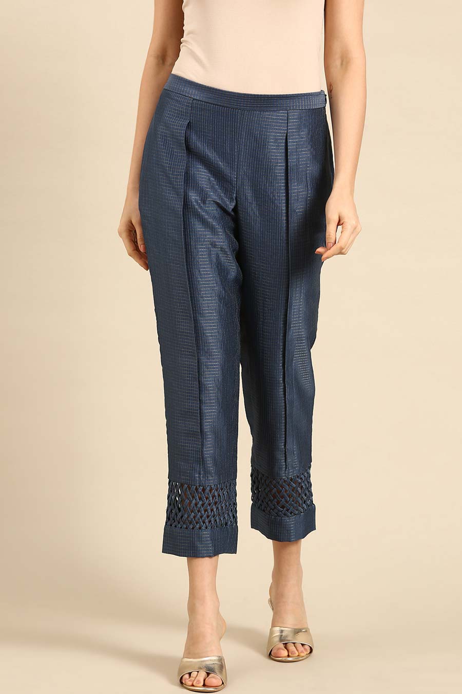 Blue Chanderi Checkered Tappered Pants