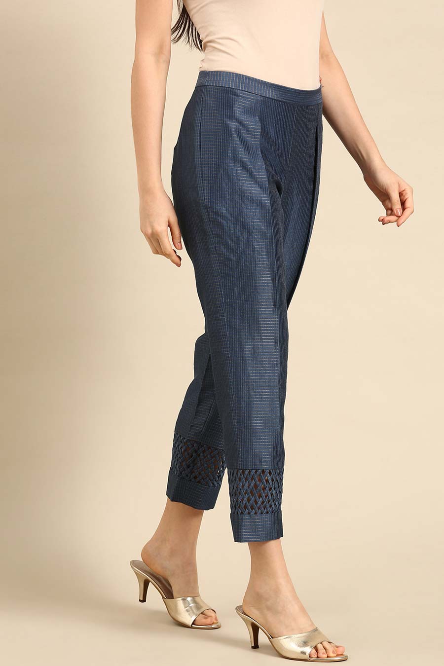 Blue Chanderi Checkered Tappered Pants