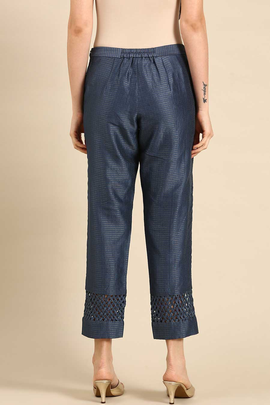 Blue Chanderi Checkered Tappered Pants