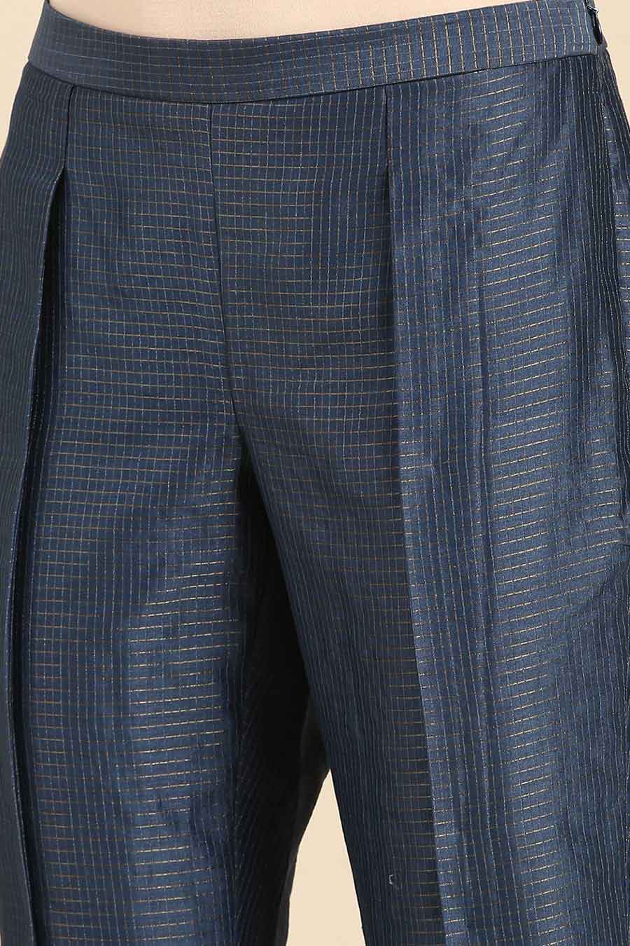 Blue Chanderi Checkered Tappered Pants