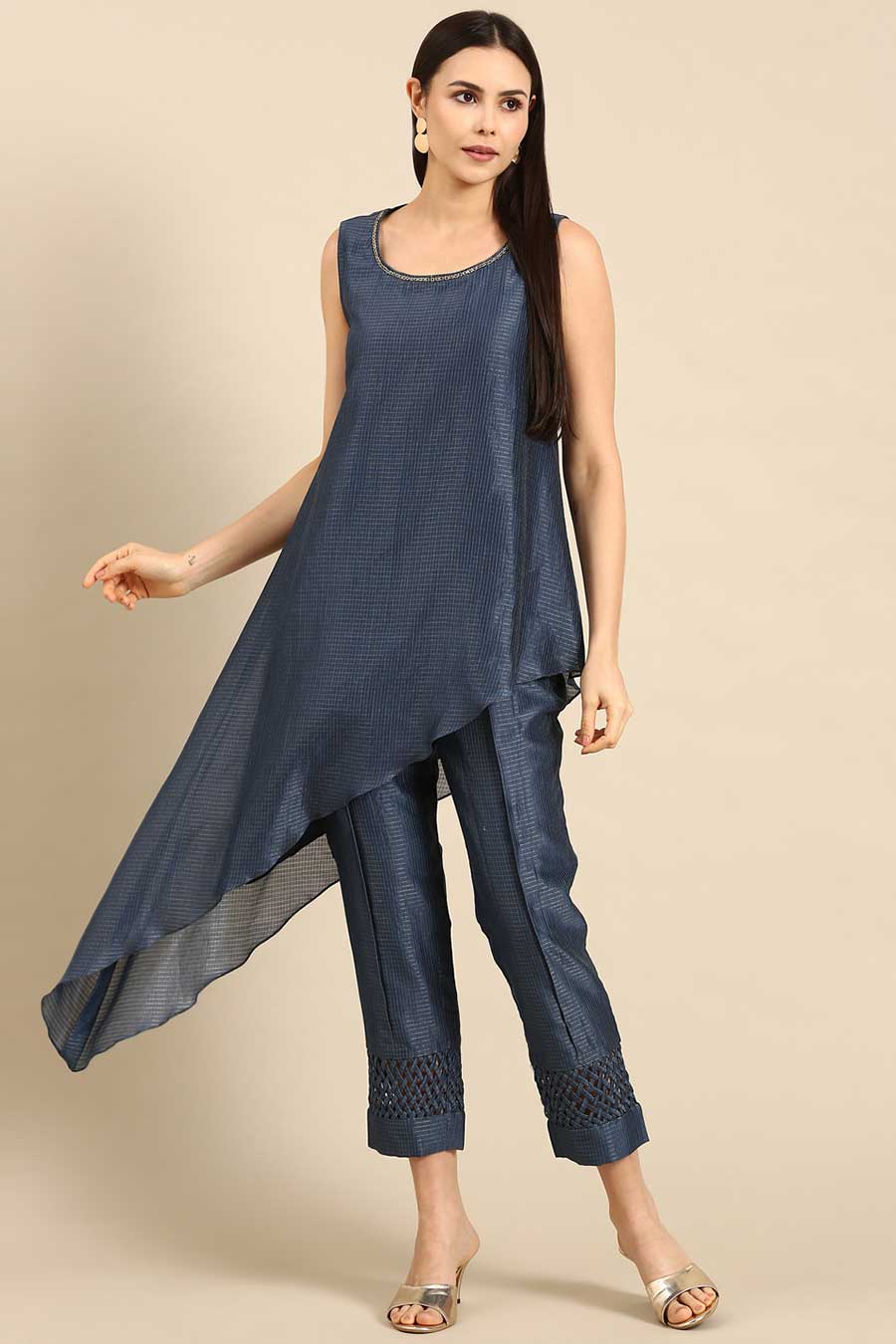 Blue Chanderi Checkered Tappered Pants
