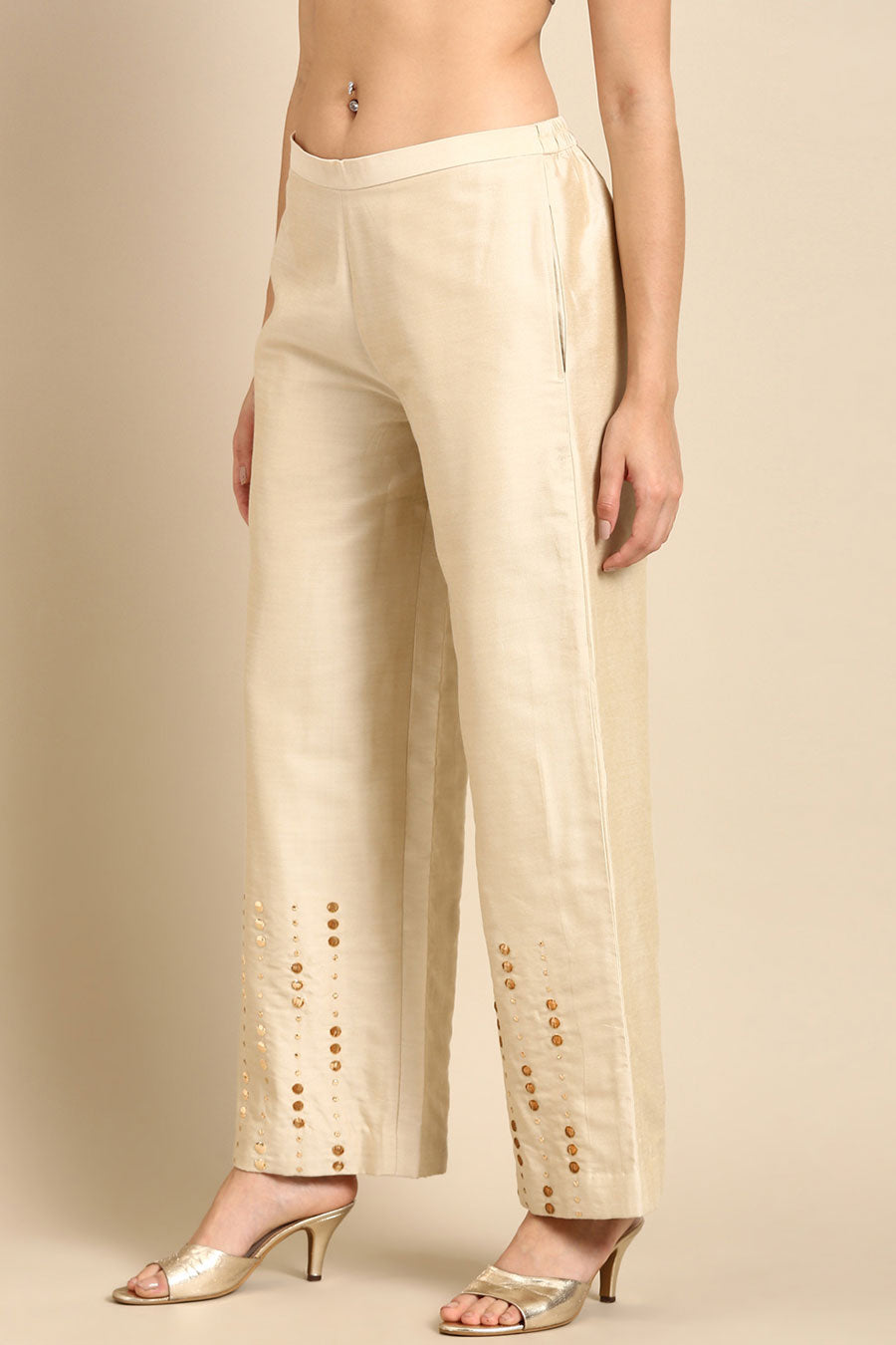 Beige Embroidered Palazzo Pant